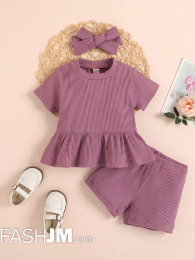 Baby Ribbed Ruffle Hem Tee & Track Shorts & Headband