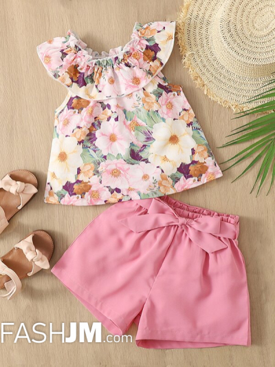 Baby Floral Print Ruffle Trim Top & Belted Shorts