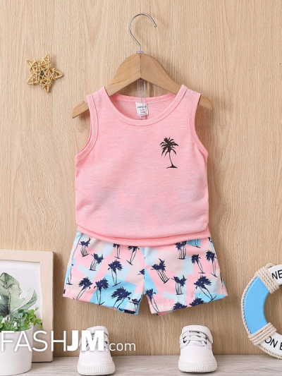 Baby Boy Coconut Tree Print Tank Top & Shorts