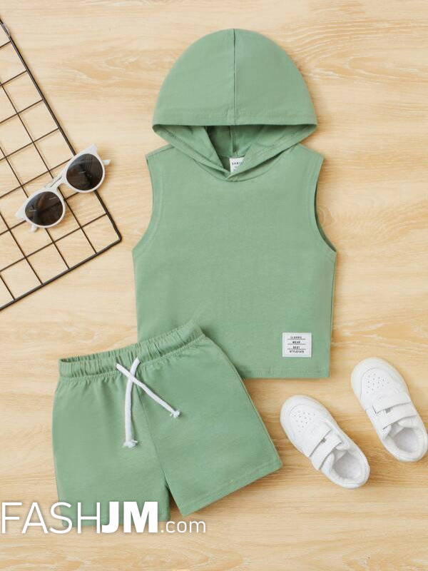  Baby Boy Letter Patched Detail Hooded Tank Top & Drawstring Waist Shorts image0