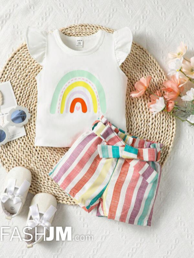 Baby Rainbow Print Ruffle Trim Tee & Belted Striped Shorts