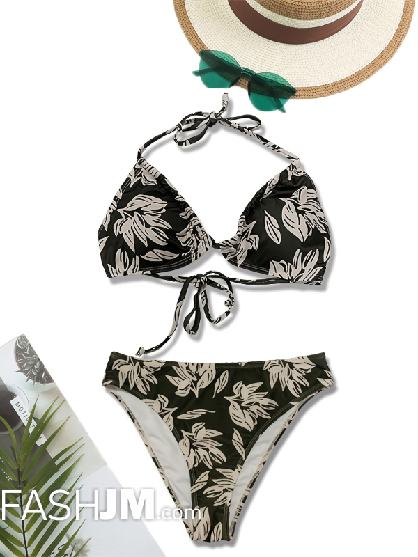  Green Floral Print Halter 2 Piece Set Bikini, Tie Back Neck Push Up Stretchy Swimsuit For Beach Pool Bathing, Women image3