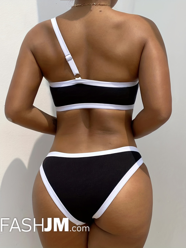  Asymmetric One Shoulder Contrast Trim 2 Piece Set Bikini image4