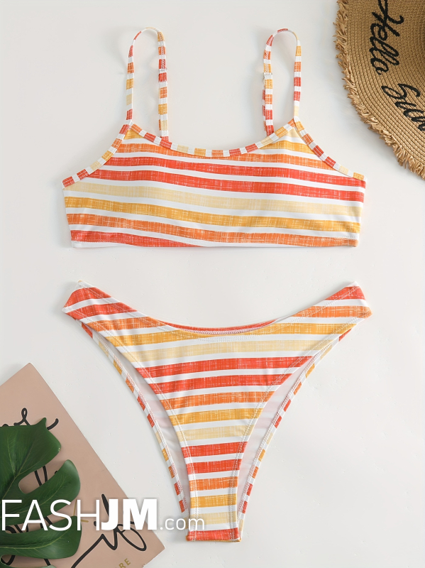  Stripes Print Scoop Neck Spaghetti Strap 2 Piece Set Bikini image3