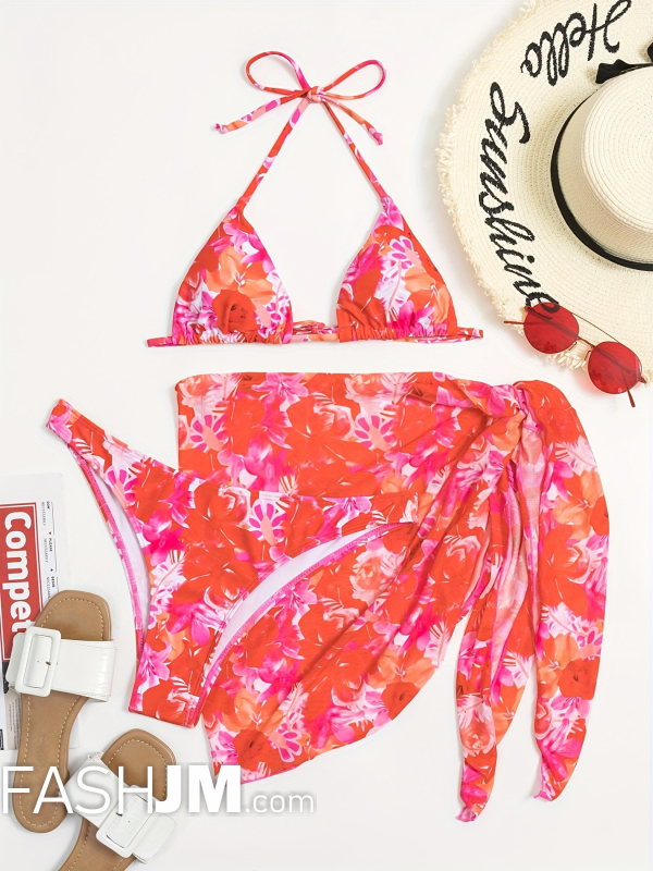  Floral Print Halter Bikini & Wrap Cover Up Skirt image3