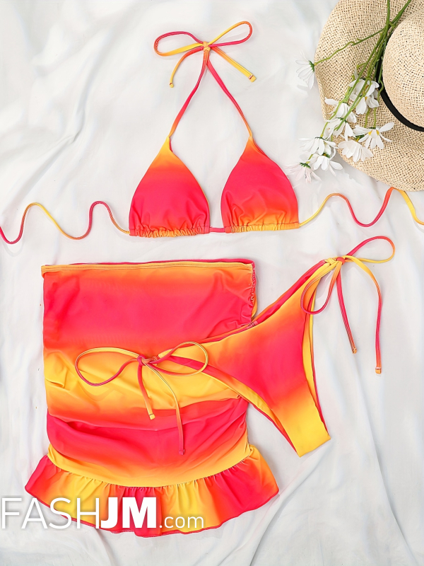  Ombre Yellow & Red Halter Tie Back Bikini & Ruffle Wrap Skirt image2