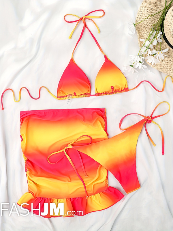  Ombre Yellow & Red Halter Tie Back Bikini & Ruffle Wrap Skirt image4