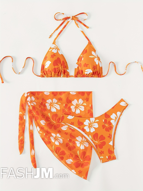  Tangerine Floral Print Halter 3 Piece Set Swimsuits image3