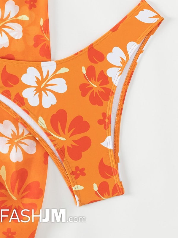  Tangerine Floral Print Halter 3 Piece Set Swimsuits image4