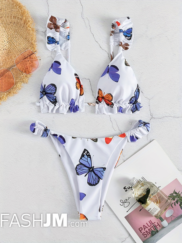  Butterfly Print Ruffle Trim Deep V Neck Bikini Set image3