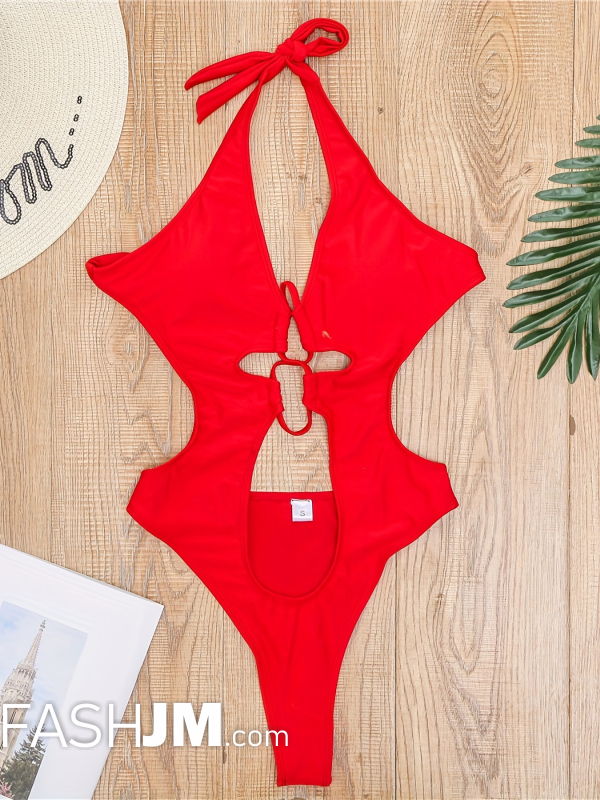  Red Halter Neck One Piece Swimsuit image1