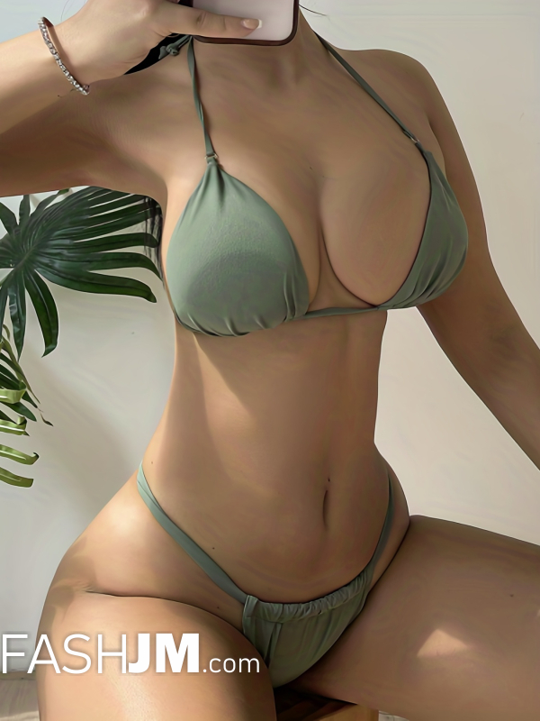  Army Green Deep V Neck Halter Tie Back Bikini image1