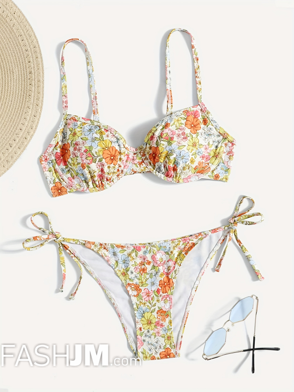  Floral Print Tie Side Push Up 2 Piece Bikini image3