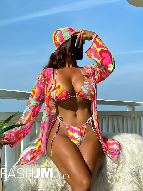  Tropical Print Tie Side Halter 3 Piece Swimsuit With Headscarf image0