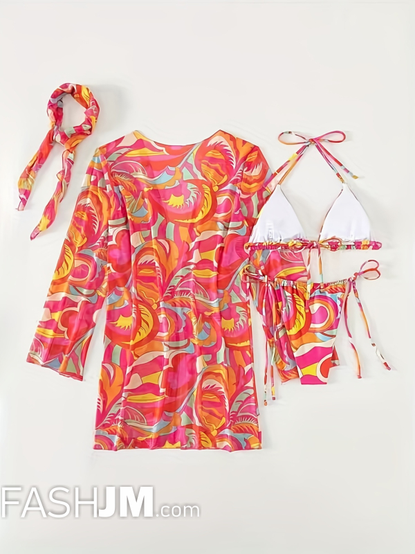  Tropical Print Tie Side Halter 3 Piece Swimsuit With Headscarf image1