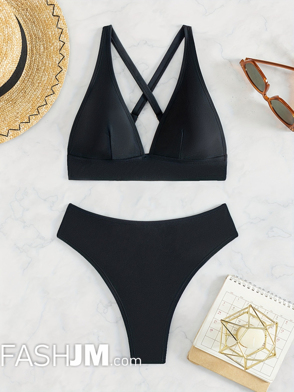  Black Cross Back Deep V Neck Black 2 Piece Set Bikini image3