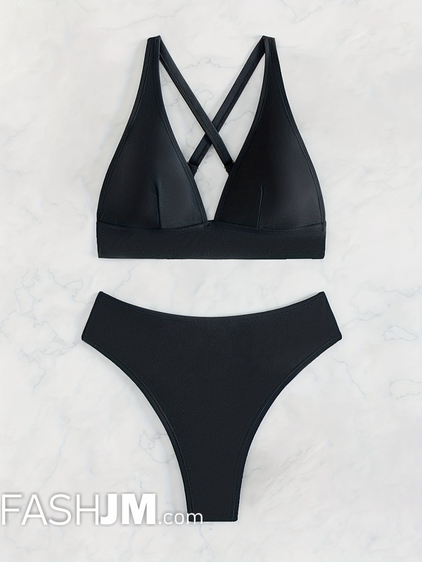  Black Cross Back Deep V Neck Black 2 Piece Set Bikini image6