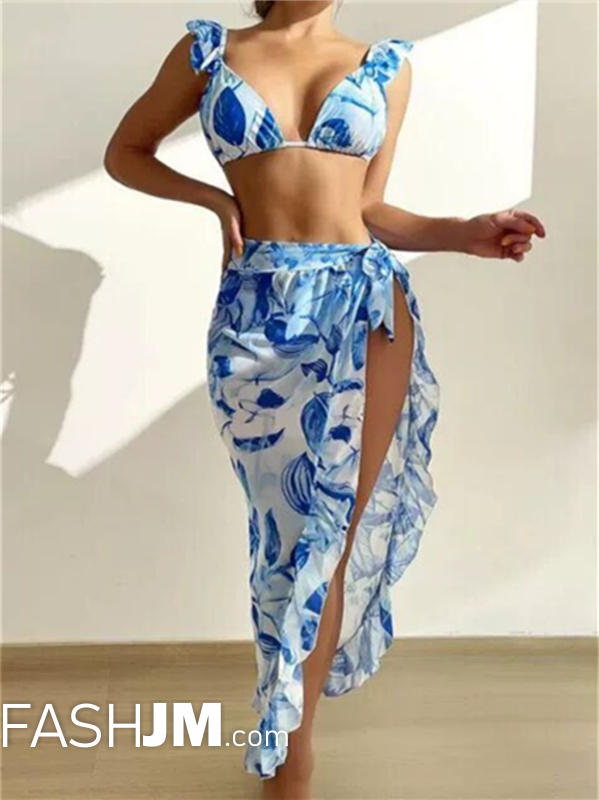  3-piece Women Blue Plants Print Ruffled Bikini image0