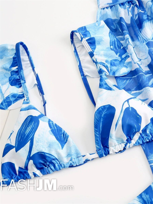  3-piece Women Blue Plants Print Ruffled Bikini image2