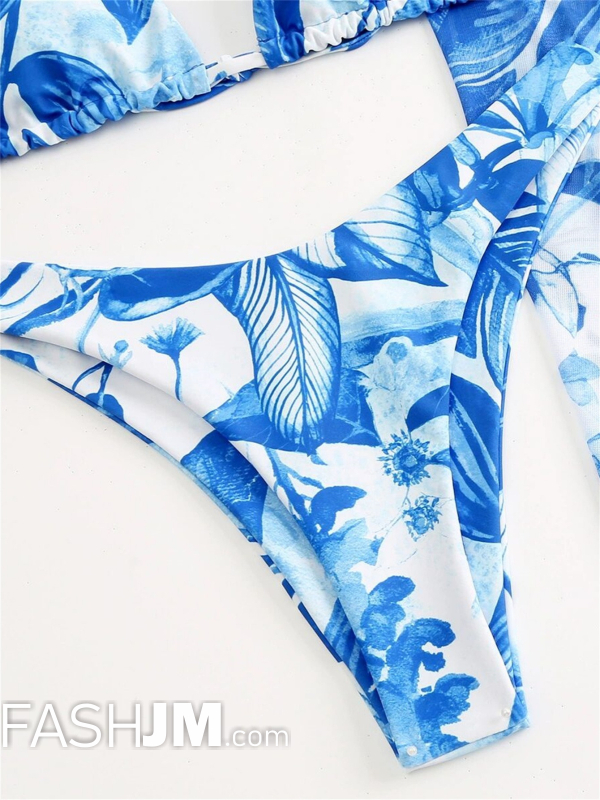  3-piece Women Blue Plants Print Ruffled Bikini image3