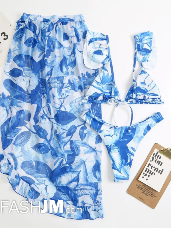  3-piece Women Blue Plants Print Ruffled Bikini image4