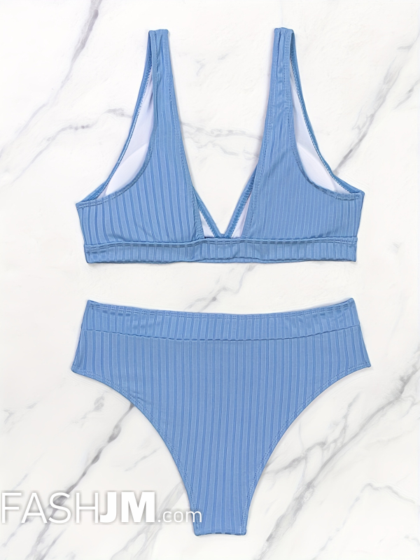  Bright Steel Blue Solid Color V Neck Bikini Sets image5