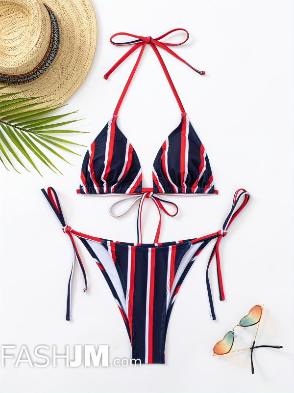  Stripes Print Halter Tie Side 2 Piece Set Bikini image4