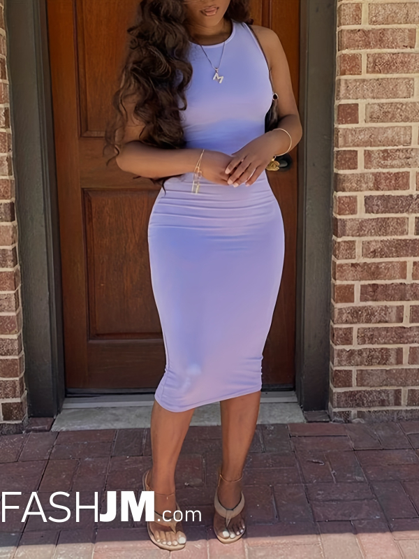  Light Purple Bodycon Crew Neck Dress image0