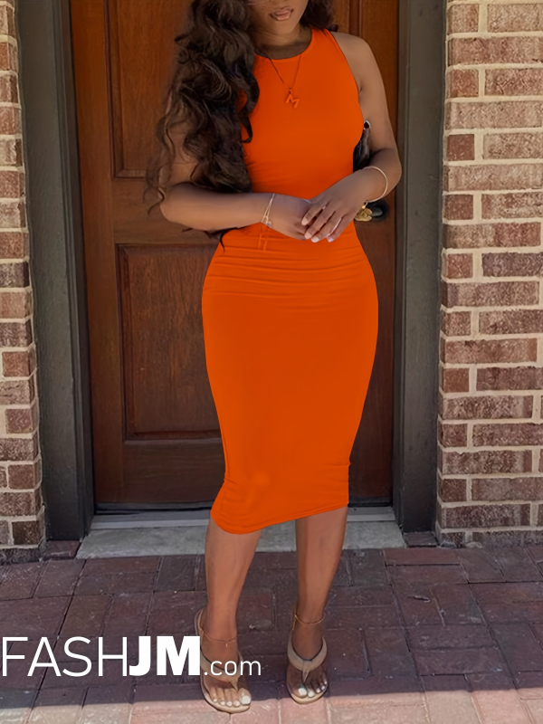  Orange Bodycon Crew Neck Dress image0