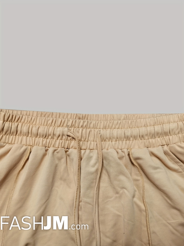  Khaki Solid Casual Two-piece Shorts Set image1