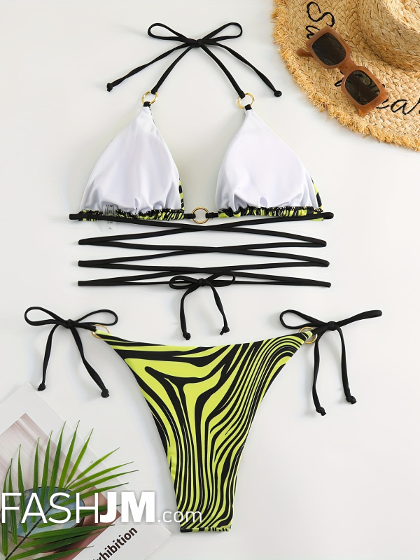  Wavy Swirl Print Black & Yellow Criss Cross 2 Piece Set Bikini image1