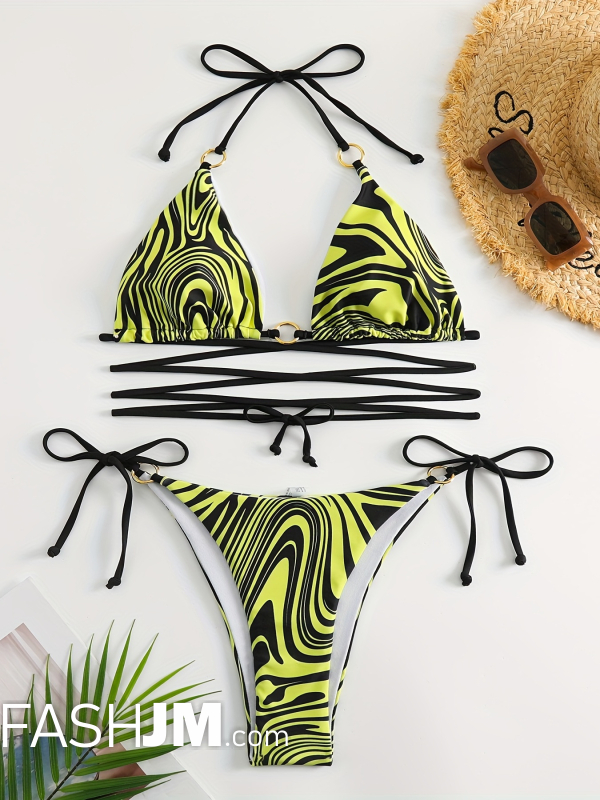  Wavy Swirl Print Black & Yellow Criss Cross 2 Piece Set Bikini image3