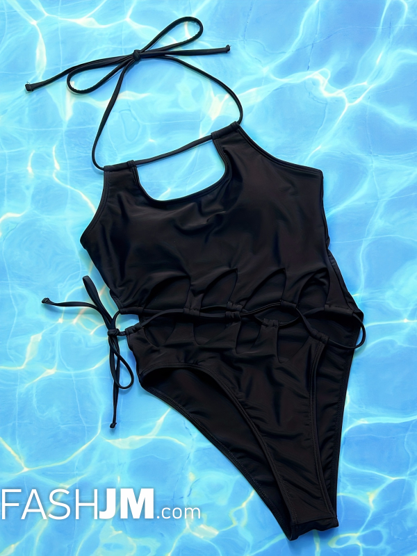  Solid Black Cut Out Lace Up One Piece Swimsuit image3