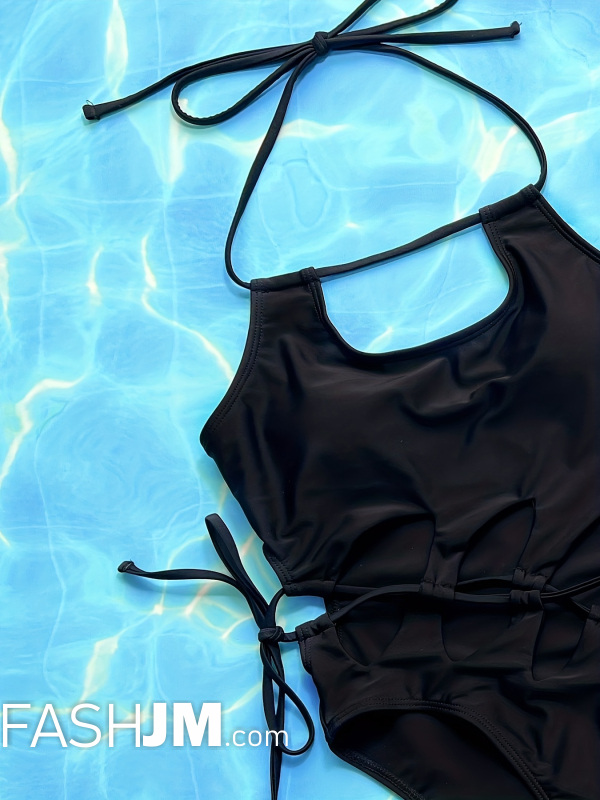  Solid Black Cut Out Lace Up One Piece Swimsuit image5