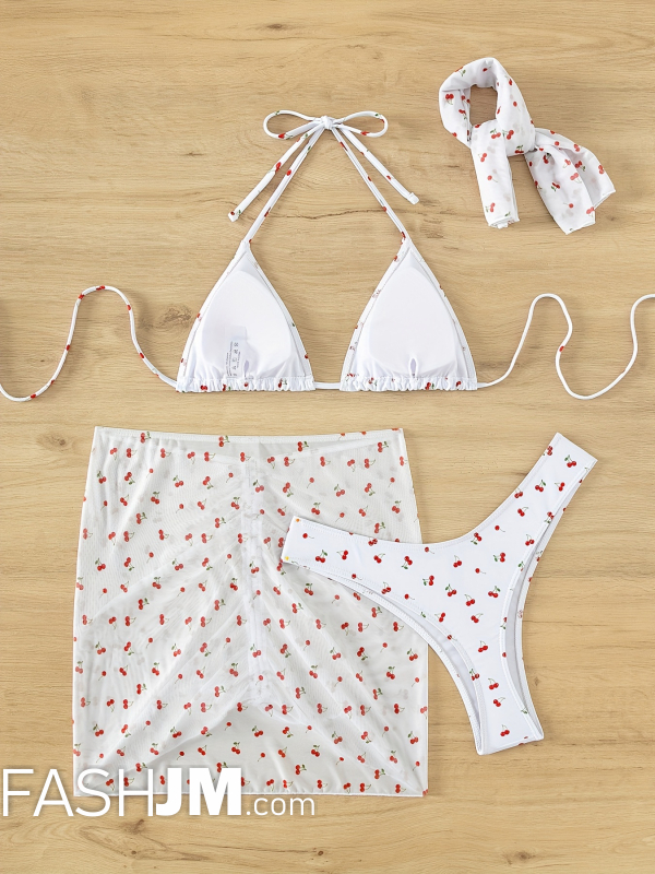  Cute Cherry Print Bikini With Drawstring Cover Up & Head Scarf image1