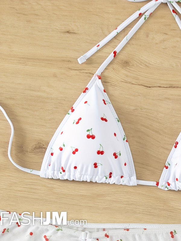  Cute Cherry Print Bikini With Drawstring Cover Up & Head Scarf image5