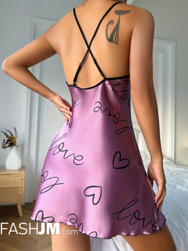  Heart Print Nightdress, Elegant Scoop Neck Criss Cross Back Sleep Dress, Women image4