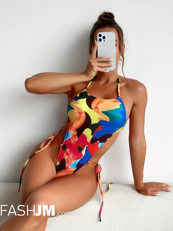  Colorful Painting Halter Neck Super High Cut Tie Side Tie Back Low Back One Piece Swimsuit image0