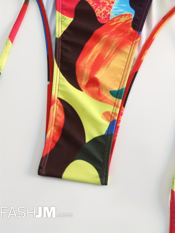  Colorful Painting Halter Neck Super High Cut Tie Side Tie Back Low Back One Piece Swimsuit image1