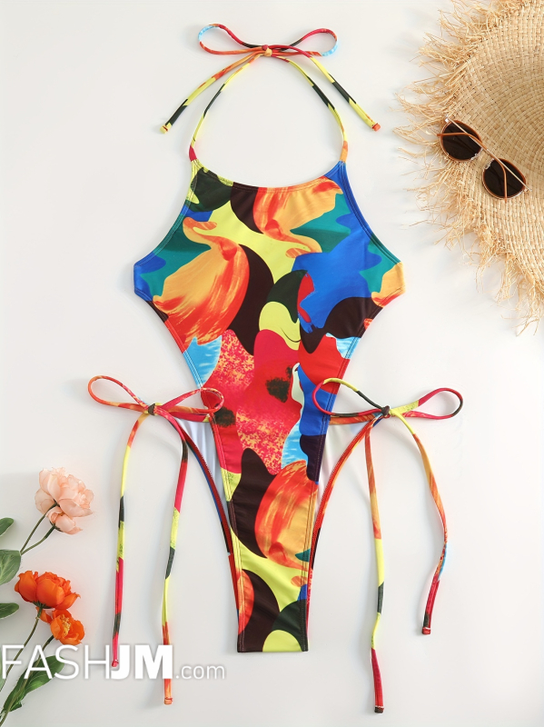  Colorful Painting Halter Neck Super High Cut Tie Side Tie Back Low Back One Piece Swimsuit image2