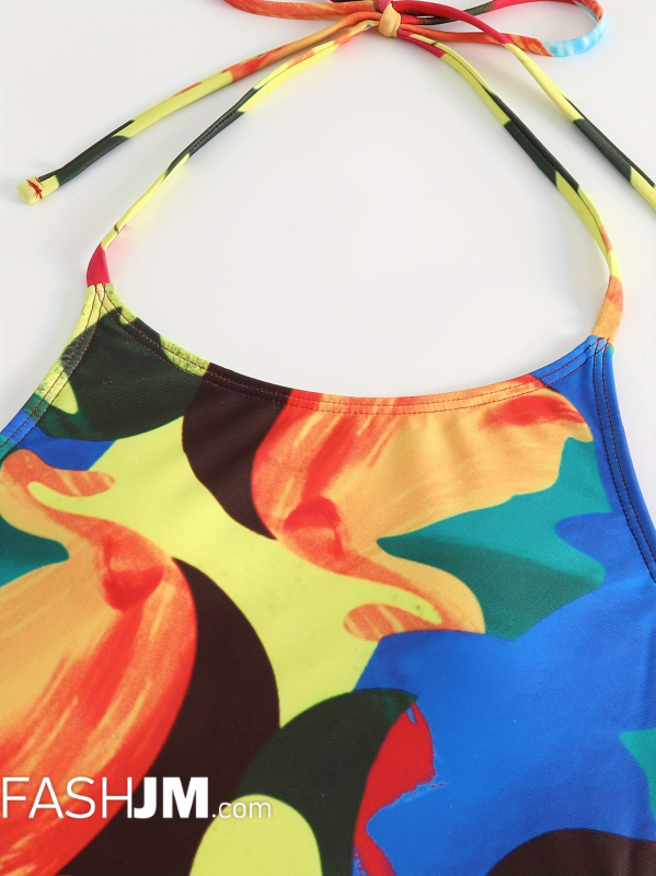  Colorful Painting Halter Neck Super High Cut Tie Side Tie Back Low Back One Piece Swimsuit image3