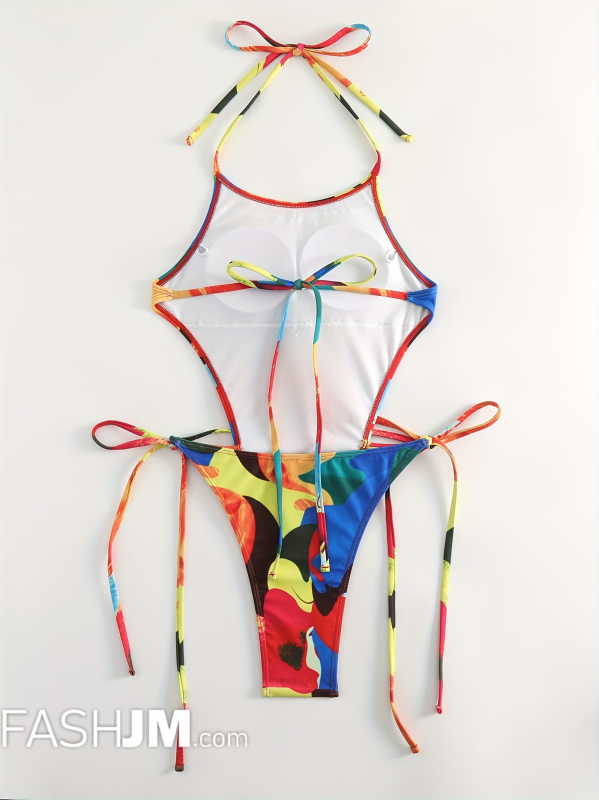  Colorful Painting Halter Neck Super High Cut Tie Side Tie Back Low Back One Piece Swimsuit image6