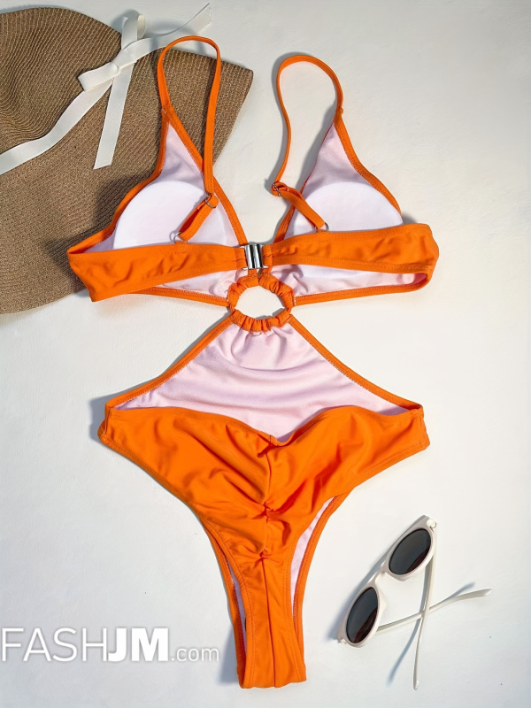  Orange V Neck One Piece Swimsuit image2