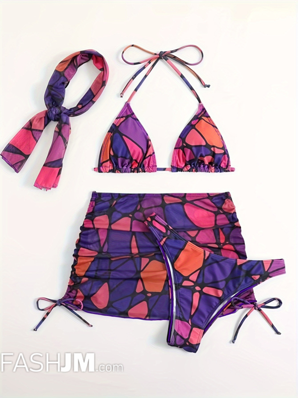  Geometric Print Color Block 3 Piece Set Swimsuit With Stylish Headband image1