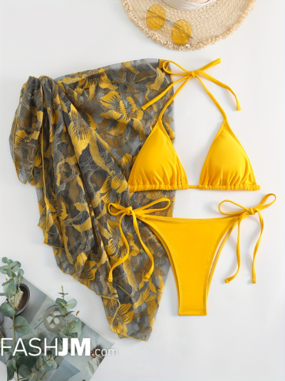 Solid Color Halter Bikini & Floral Pattern Mesh Cover Up