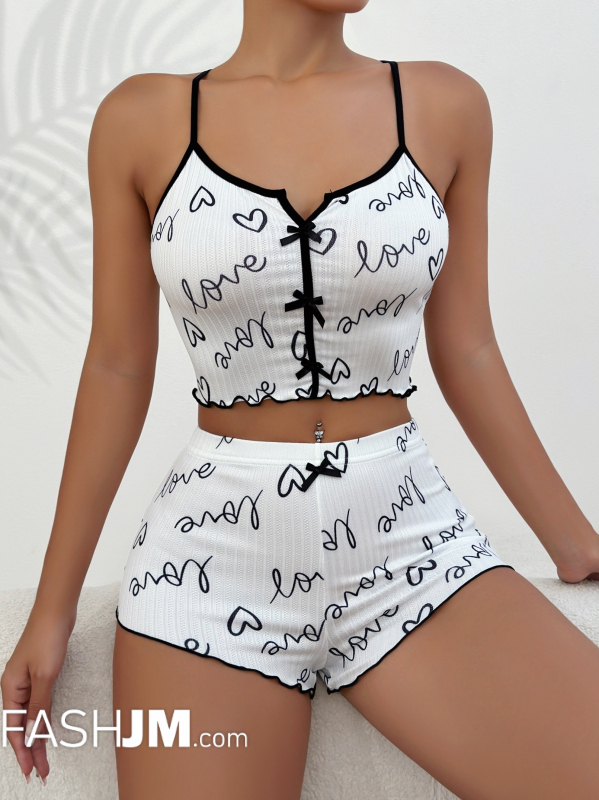  White Heart Print Pajama Set image0