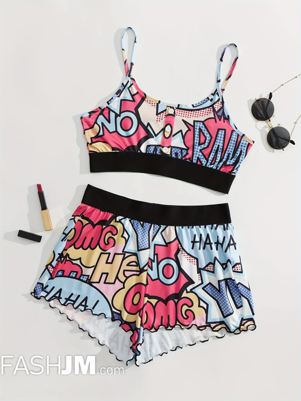  Graffiti Anime Print Pajama Set, Button Up Cami Crop Top & Lettuce Trim Shorts, Women image1