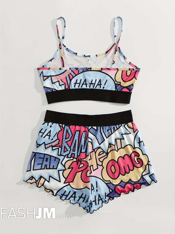  Graffiti Anime Print Pajama Set, Button Up Cami Crop Top & Lettuce Trim Shorts, Women image2