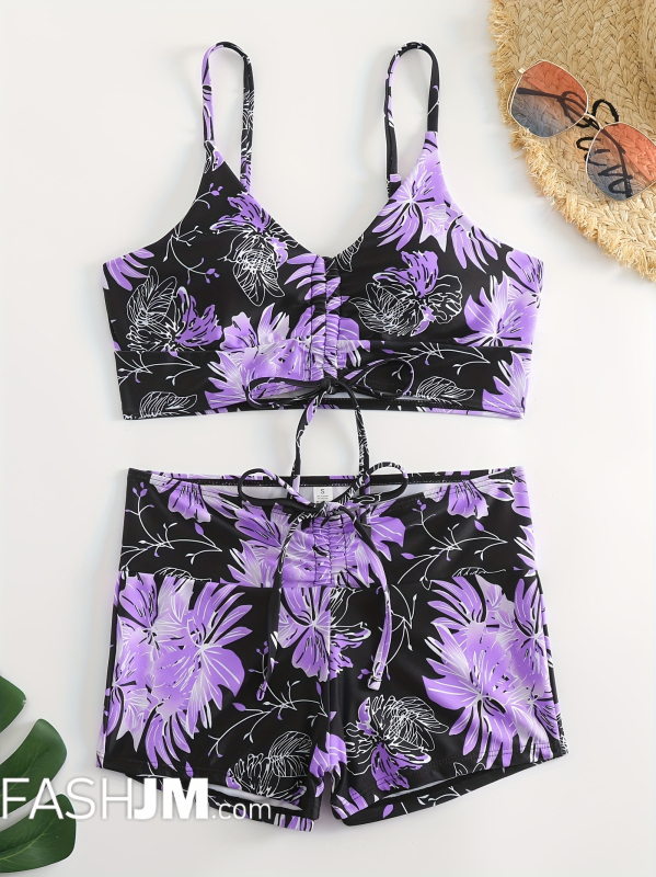  Floral Print V Neck Tankini Sets image1