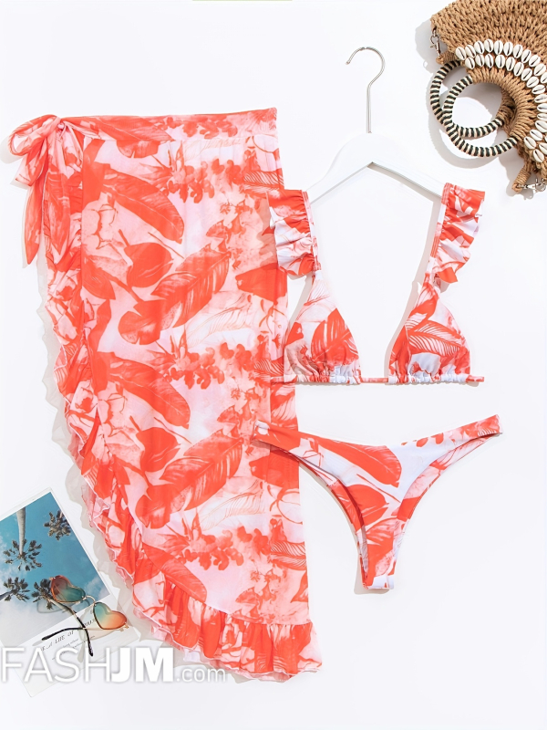  3-piece two-piece Women Plants Print Ruffled Bikini Set image0